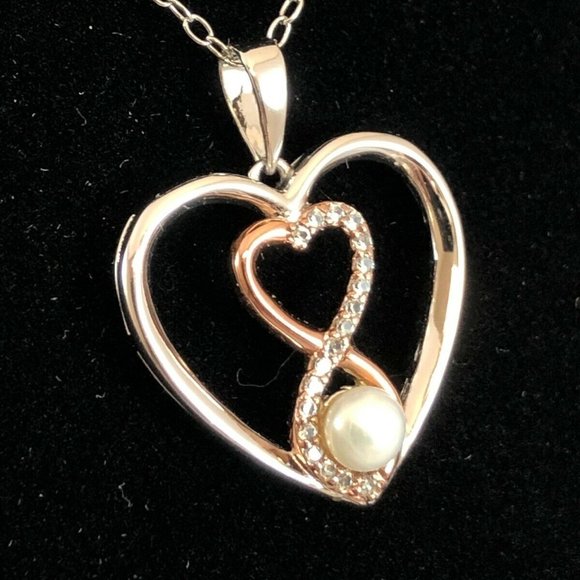 18k Rose Gold sterling Silver Pearl Infinity Heart Necklace $125 nwb - Picture 5 of 8